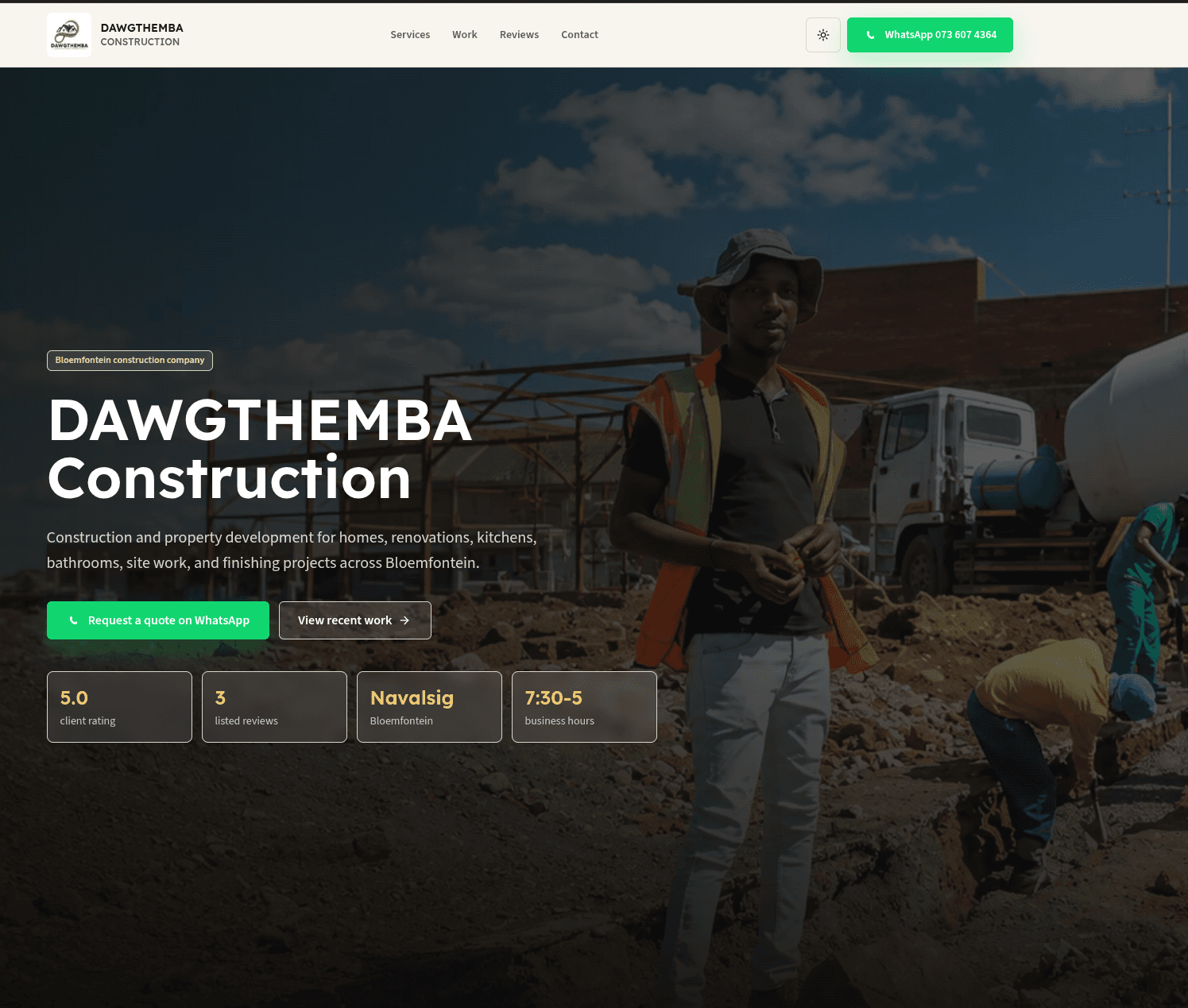 Dawgthemba Construction website showing construction services and WhatsApp quote request flow