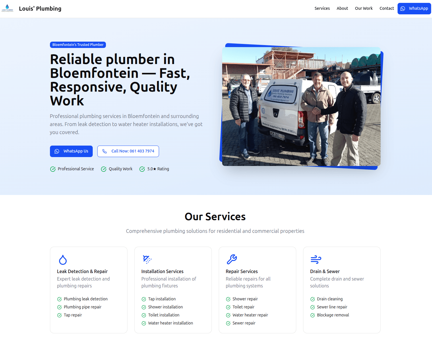 Louis Plumbing Figma website with plumbing services and contact sections