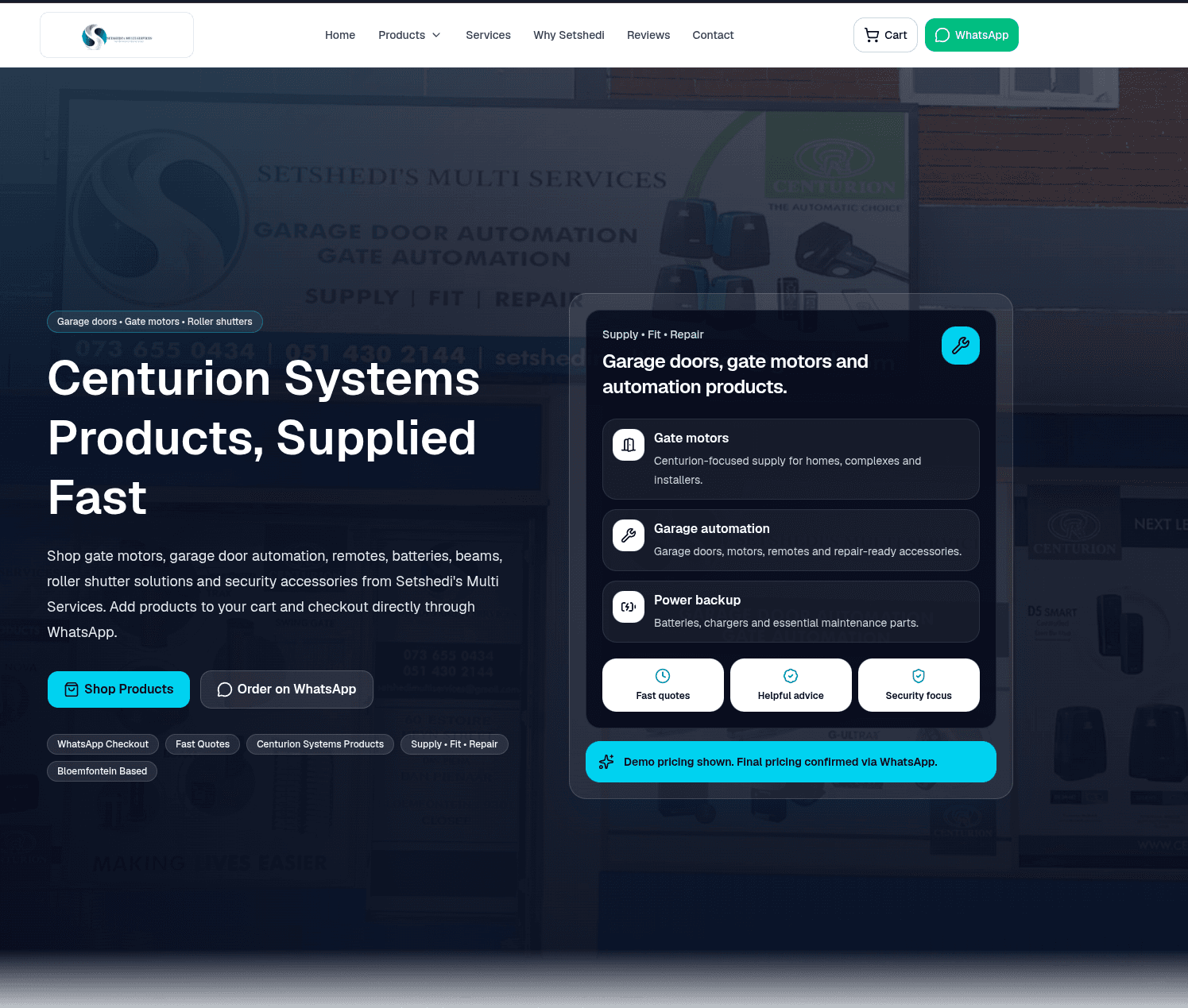 Setshedi's Multi Services WhatsApp checkout store for gate motors and garage automation
